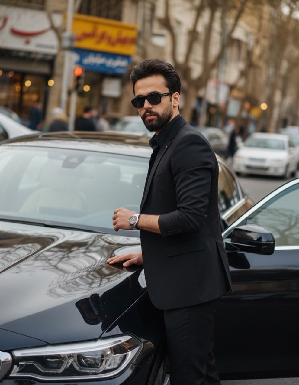 تمیم اکبری کنار خودرو در خیابان